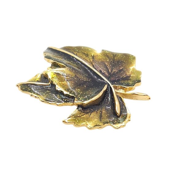 Vintage Autumn Leaf Brooch Green Glitter Enamel Gold Tone - Picture 5 of 10